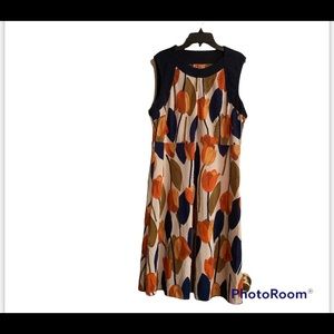 Tory Burch Navy, Orange and Tan Floral Midi Dress